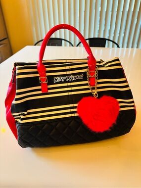 Betsey Johnson Black & White Striped Satchel with Pink Accents and Heart Charm